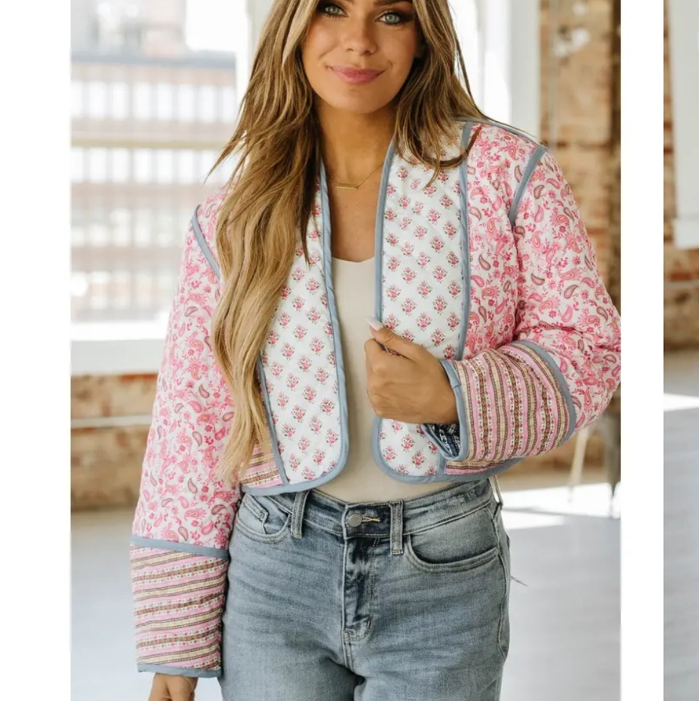 CHAY Floral Pink Quilted Jacket, Cropped. Size S